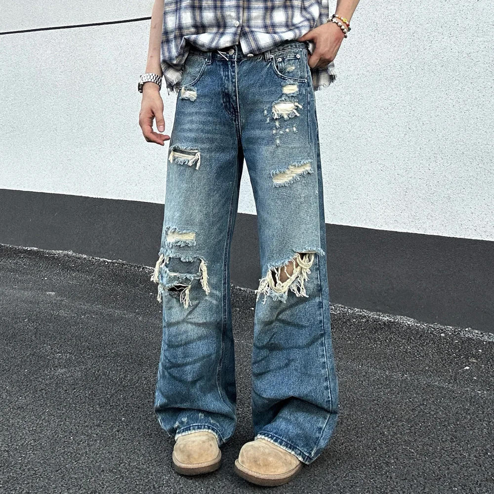 

Men Streetwear Hip Hop Loose Casual Broken Holes Washed Denim Ripped Jeans Pants Women Straight Vibe Baggy Jeans Pant Trousers