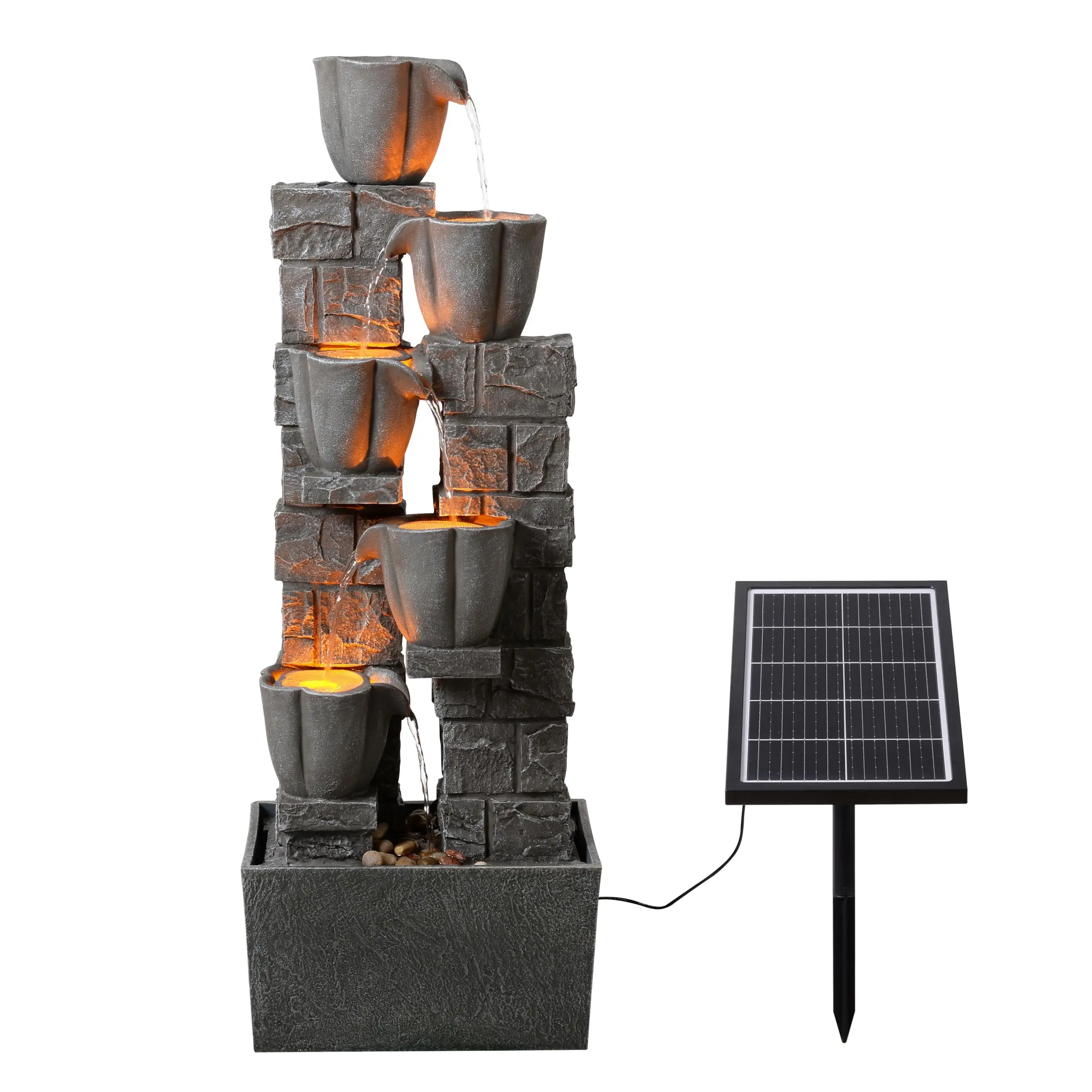 36.2'' Tall r Powered 4 Tiers Water Fountain, Floor-Standing Tulip Design Outdoor Waterfall Fountain, Natural Cascading