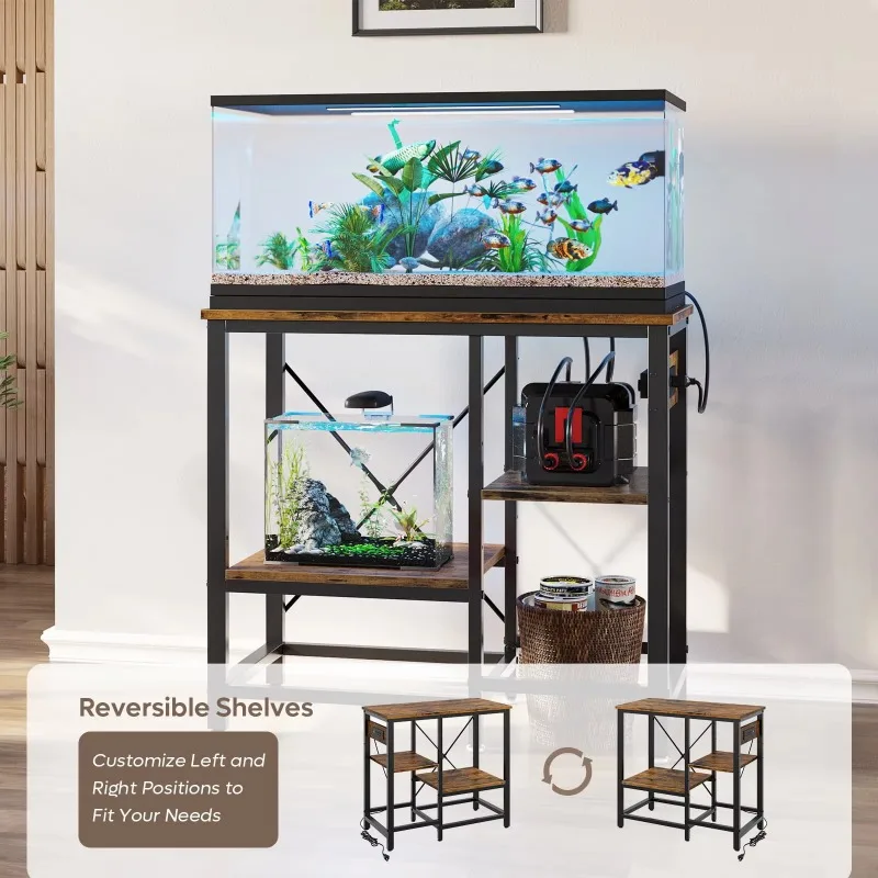 aquarium accessories Fish Tank Stand with Power Outlets,  Heavy Duty Metal Aquarium Stand Reversible Storage Shelf