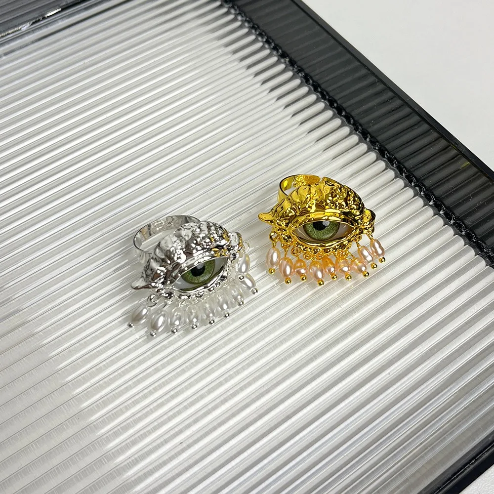 

Jewelry Vintage Devil's Eye Ring Tassels Imitated Pearl Glaze Ring Exaggerated Delicate Opening Finger Ring Valentine's Day Gift