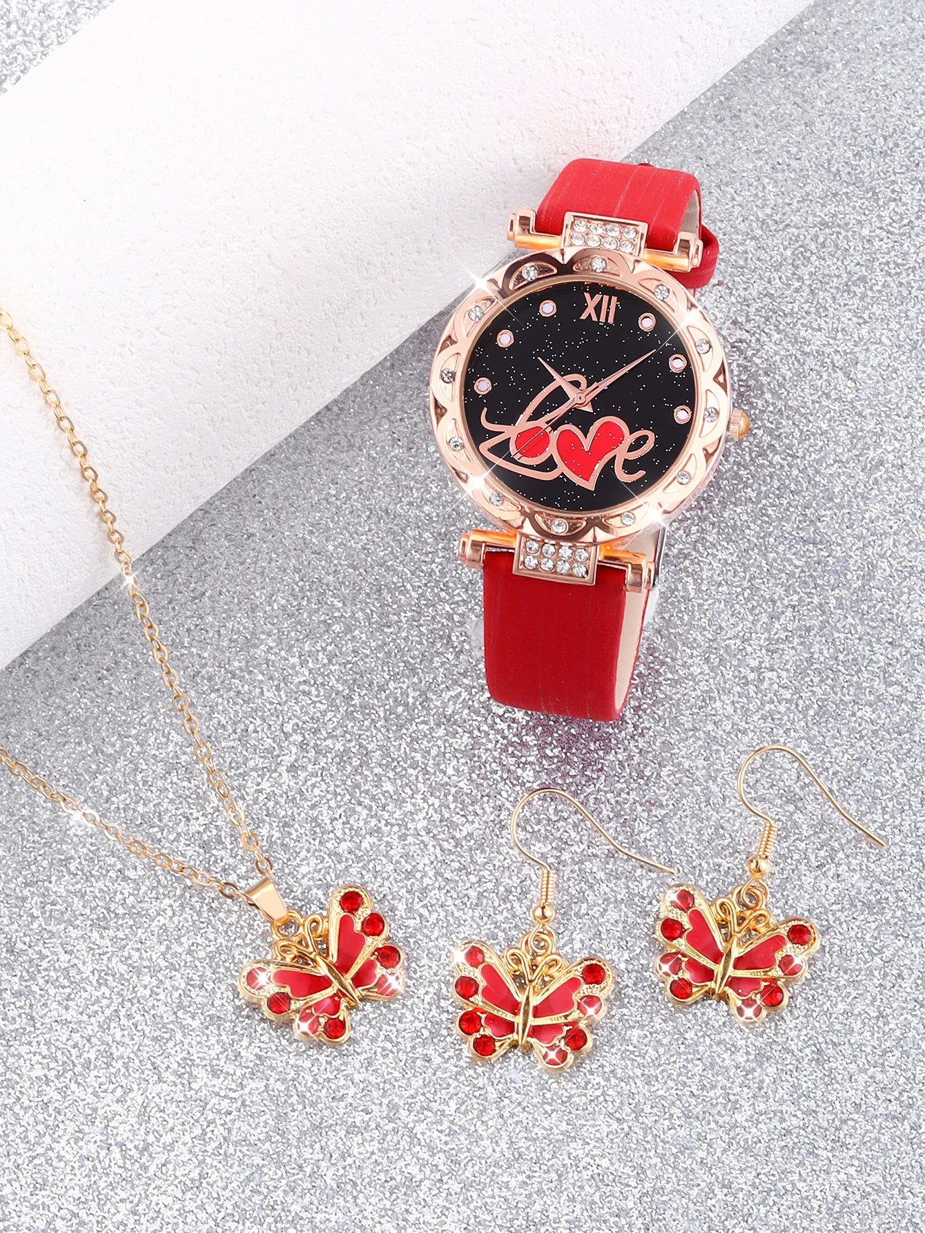 School style LOVE fashion red women\'s quartz watch and butterfly earrings necklace set back-to-school gifts