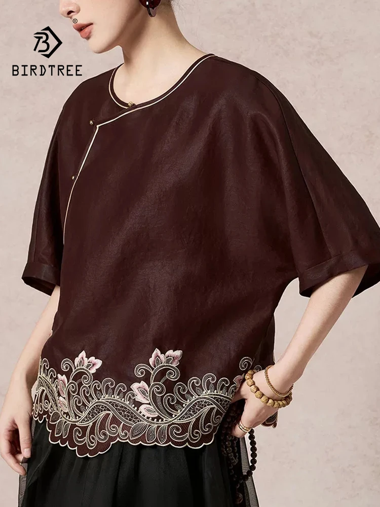 

Элегантная блузка BirdTree-19MM из 100% натурального шелка с эффектом водной газели, с вышивкой и рукавами «летучая мышь», женская ретро-блузка, новинка лета 2026, T63743CC