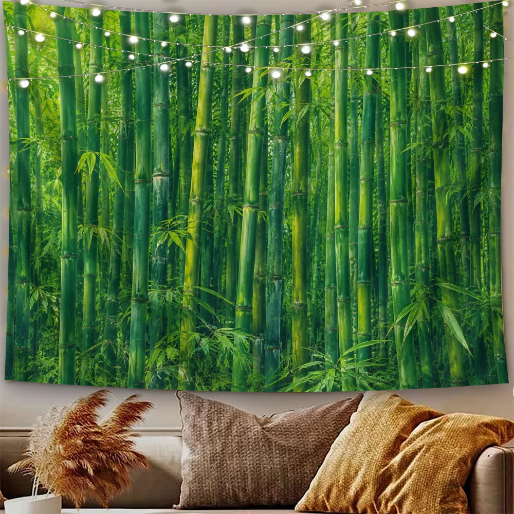 Natural Bamboo Grove Tapestry Indie Wall Hanging, Lush Green Bamboo Forest Landscape Design for Cute Bedroom Aesthetic Wall Art