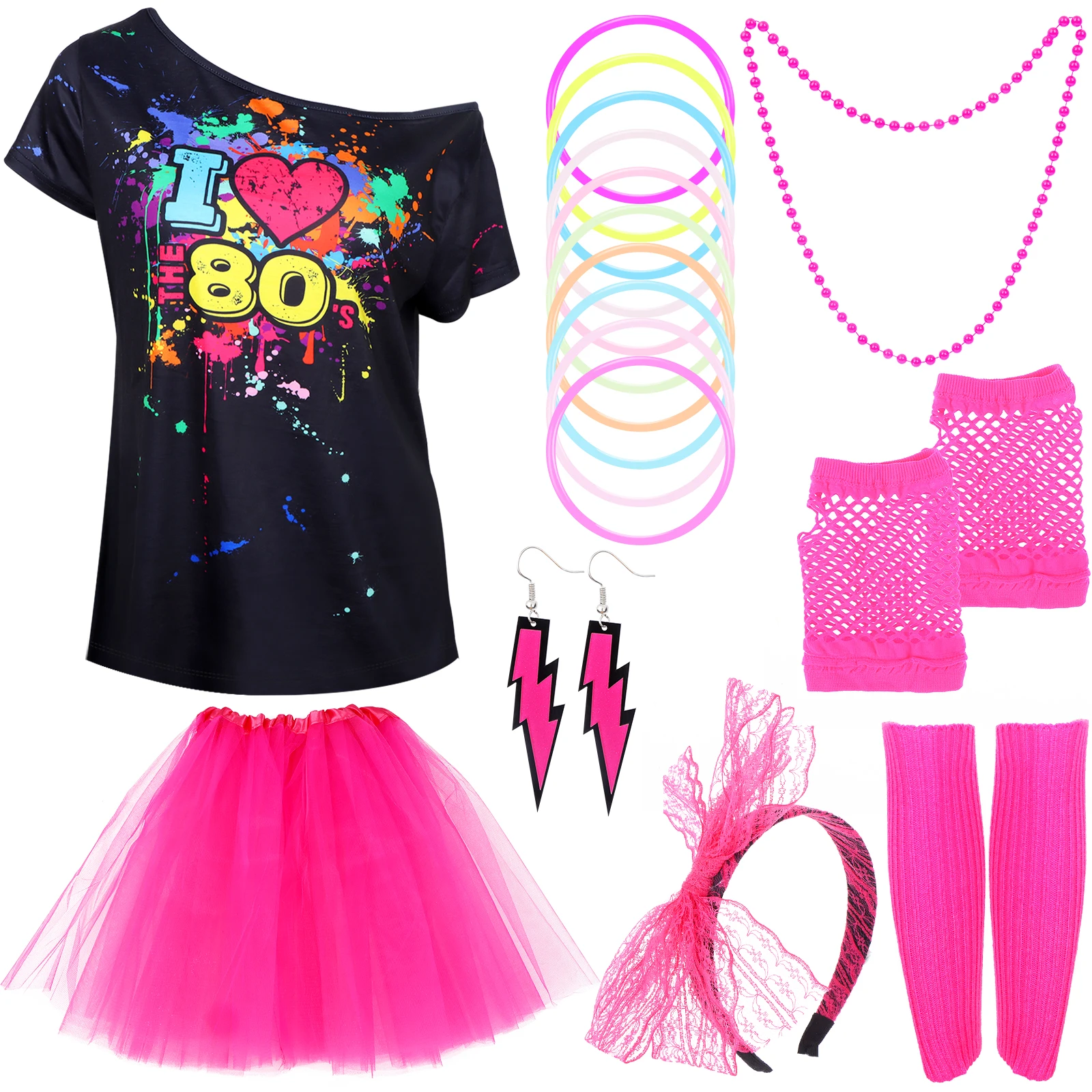 Conjunto retrô de festa para mulheres, saia tutu adulta, luvas de rede de néon, colar com contas, pulseira e brincos, acessórios extravagantes, anos 80