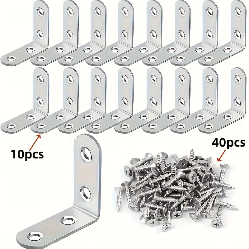 A set of 50pcs,including 10pcs 90-degree right-angle brackets with 40screws,L-shaped bracket hardware for wooden shelves,chairs