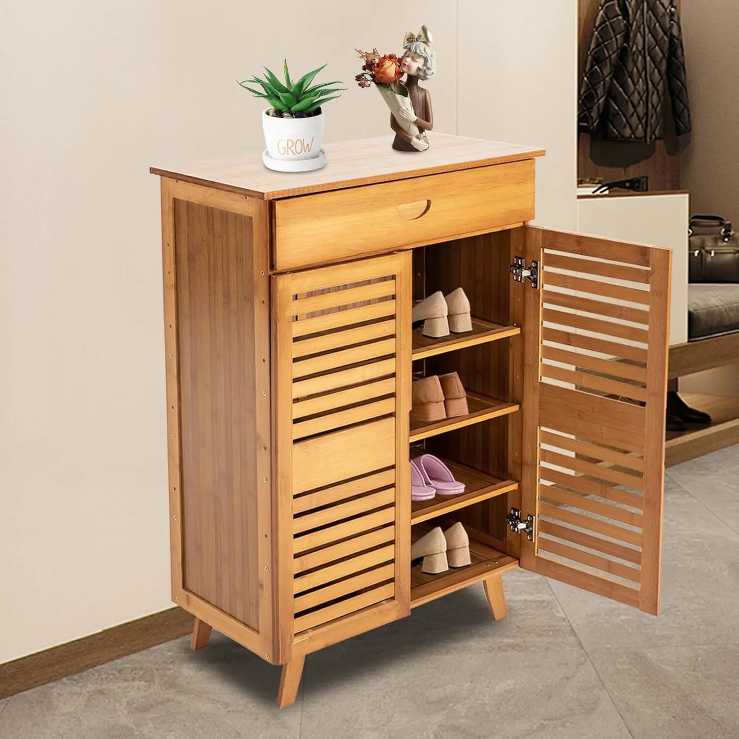Bamboo Shoe Cabinet Drawer Doors, Freestanding Rack Shelf Heels Boots Slippers, Hallway Organizer 4 Shelves, Customized