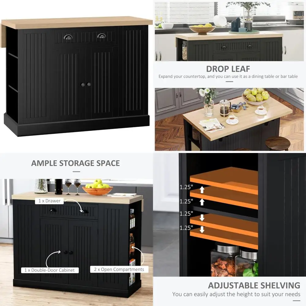 جزيرة مطبخ خشبية مخددة مع أوراق متدلية ودرج وأرفف مفتوحة لتخزين سطح الطاولة #1