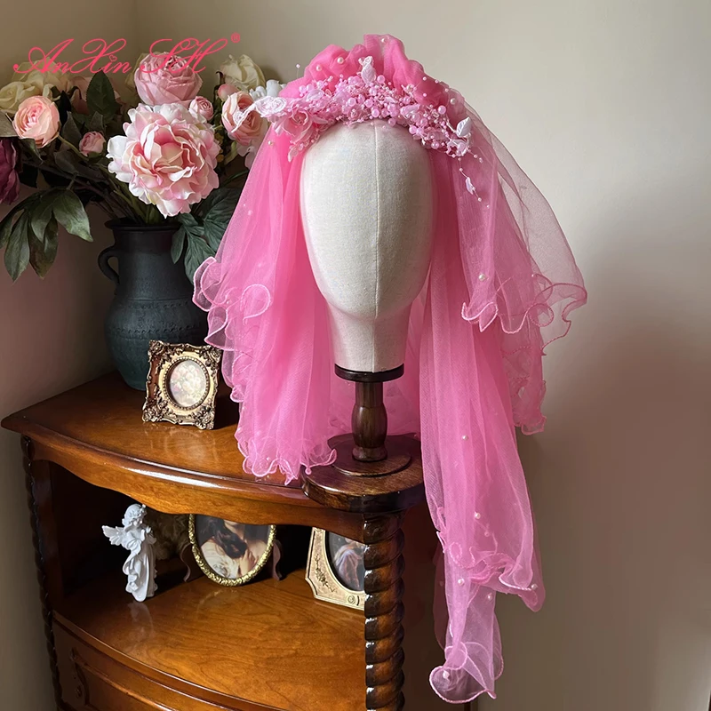 

AnXin SH vintage pink lace veils Watermelon Red lace blue white lace handmade beading crystal flower customized bride veils