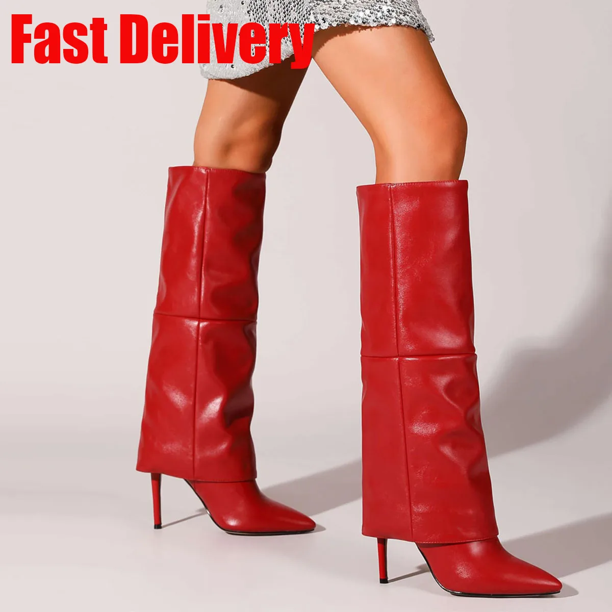 Women's Fold Over Boots Knee High Boots for Women Pointed Toe Stiletto Heel Long Boots Sexy Tall Boots Slip On Fall Winter boots