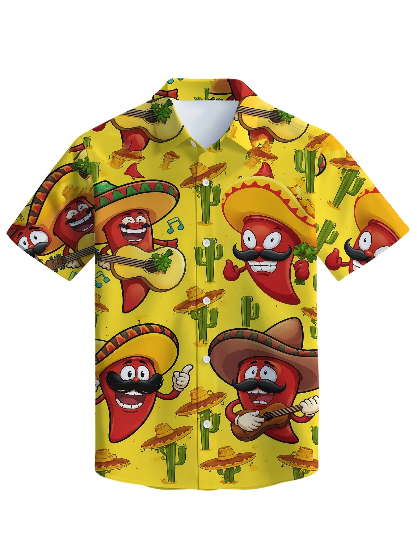 Mens Cartoon Mexican Chili Cactus Print Short Sleeve Turn Collar Button Casual Hawaiian Vacation Shirt