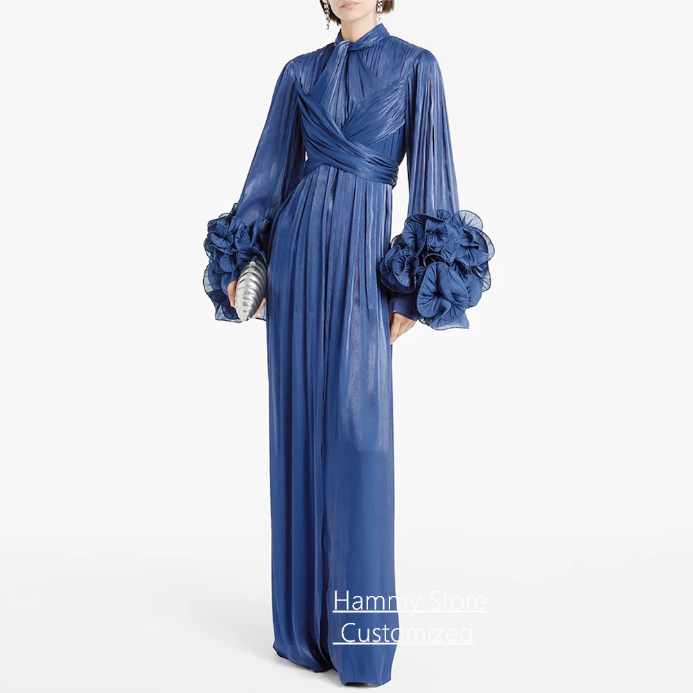 

Customized Arabic Evening Dress Fashion High Neck Long Sleeve Flowers Pleat Straight Party Gown Formal Prom Dresses