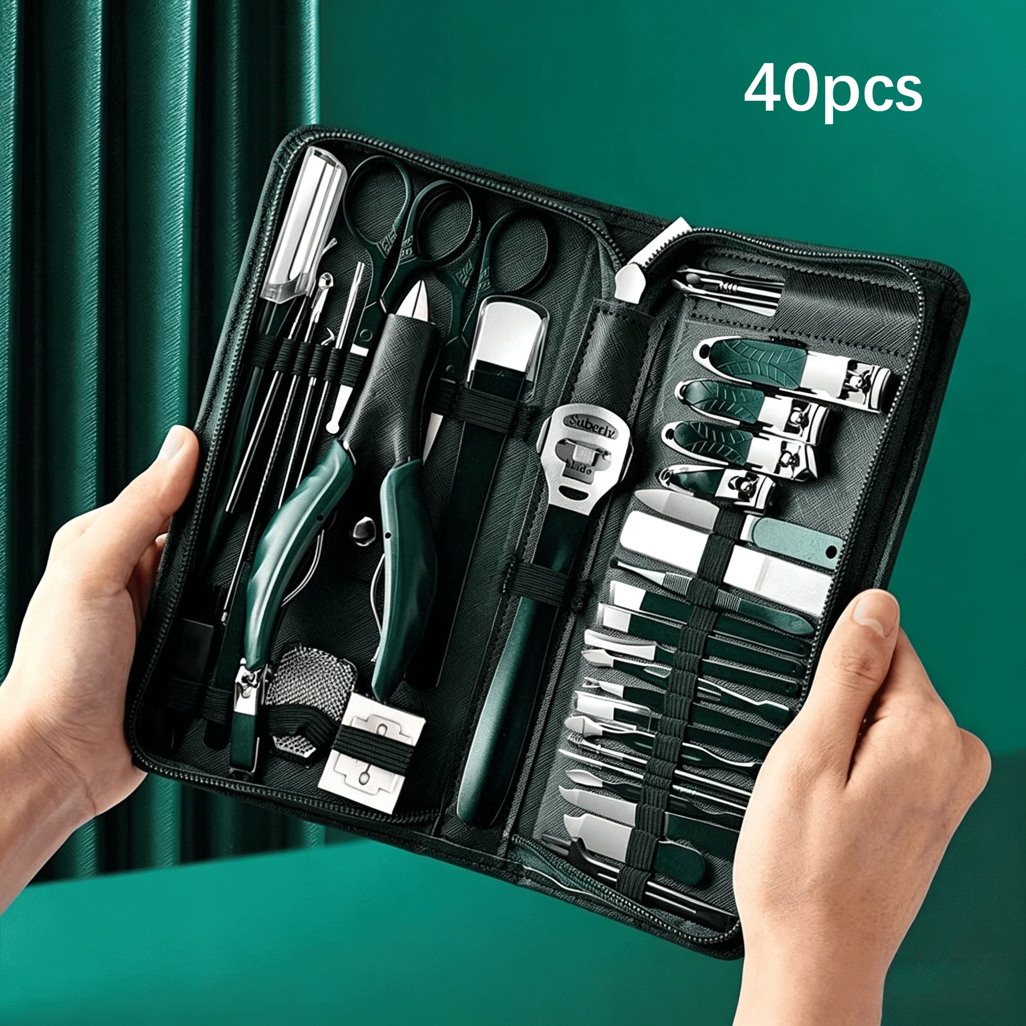 Manicure Pedicure Set, Stainless Steel Heavy‑Duty Tools, for Home Salon & Travel, Dark Green Portable Zipper Nail Kit