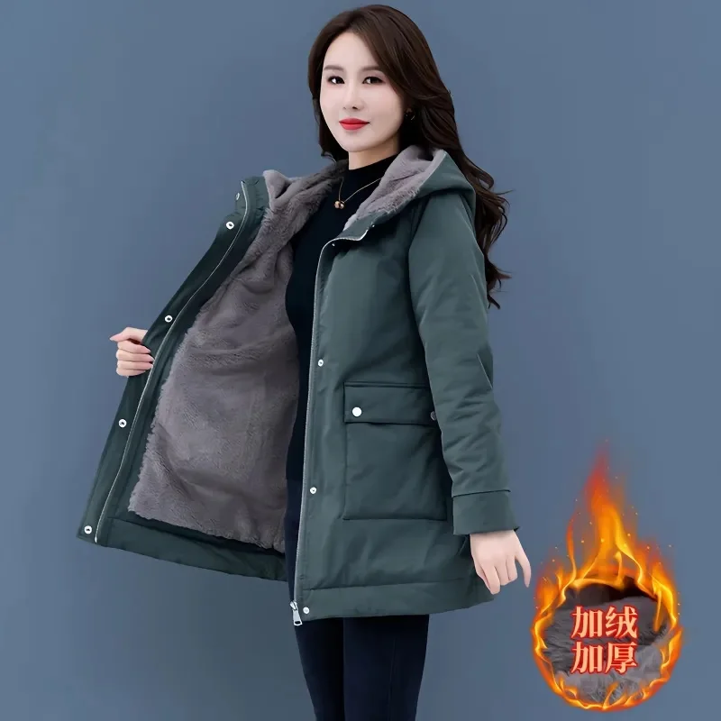 2024 New Women's Puffer Hooded Velvet Lined Winter Jacket Casual Warm Padded Coats Snow Wear Parka Loose Long Loose Female Overc