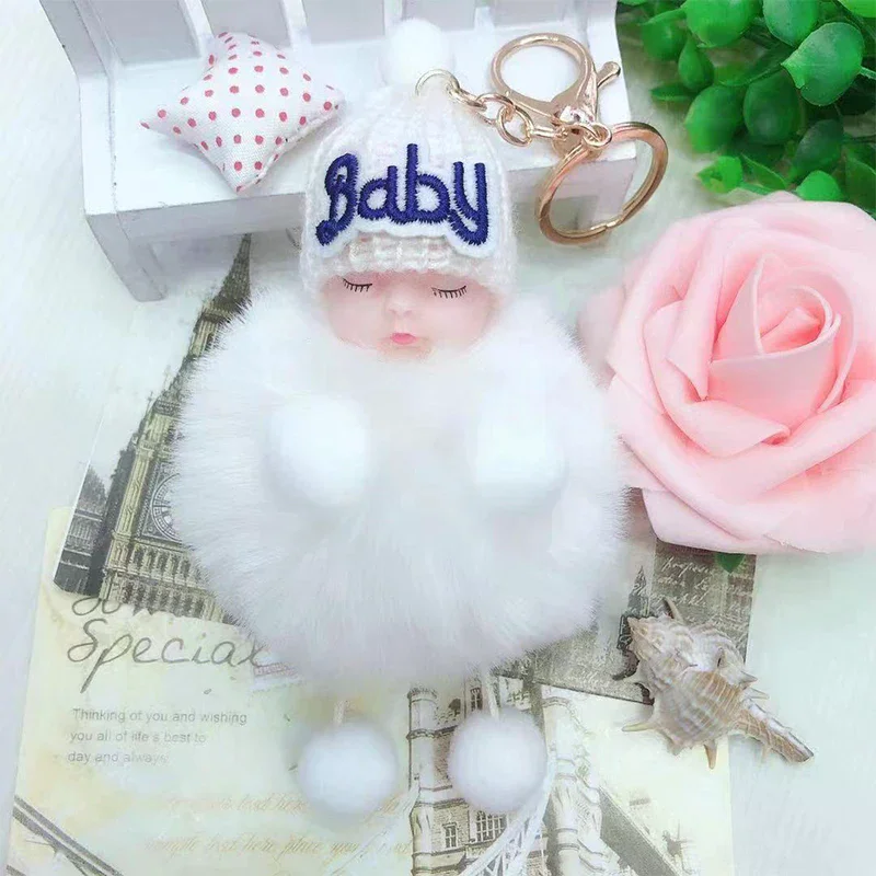 かわいい漫画の寝ている人形キーホルダー、ファーボールぬいぐるみキーホルダー、キーリング、女性用ハンドバッグ、車のキーホルダー、バッグペンダント、おもちゃ、子供へのプレゼント