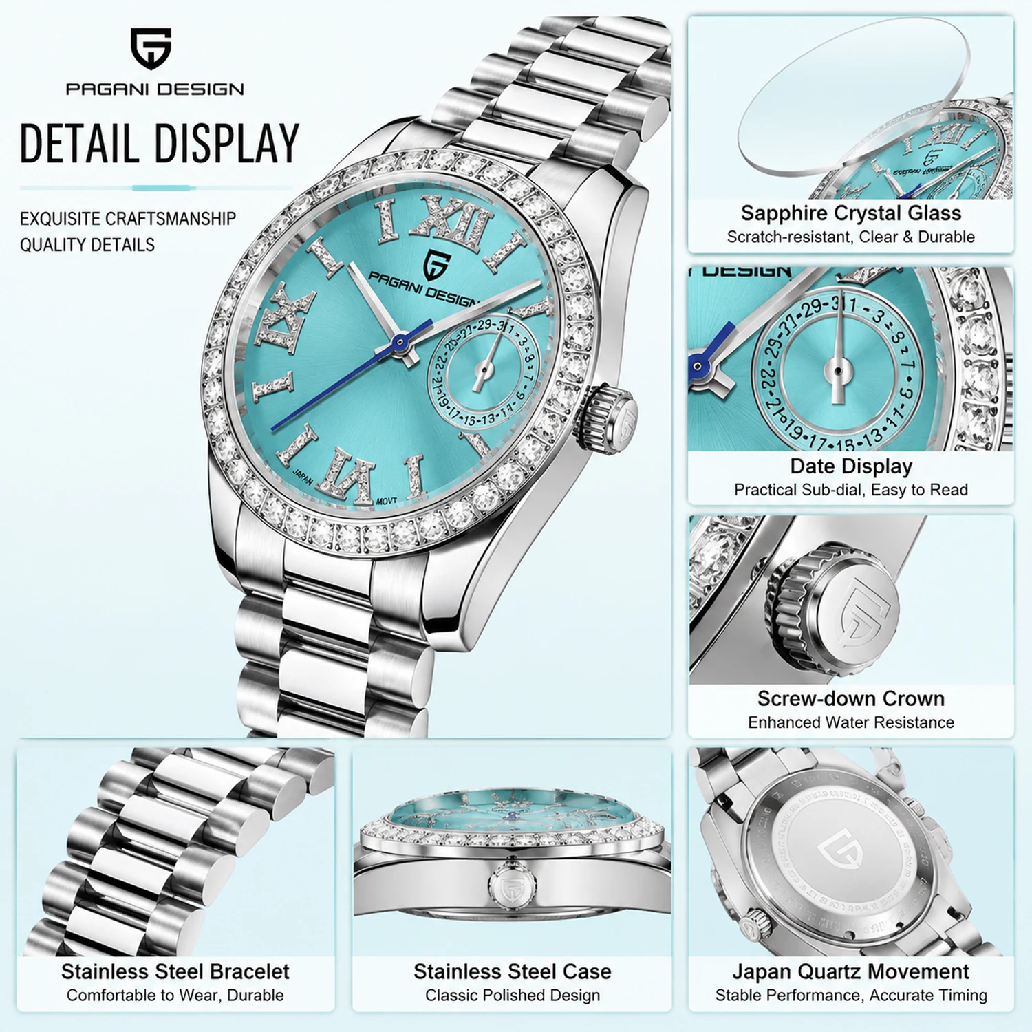 PAGANI DESIGN Women Luxury Quartz Watch Diamond Bezel Blue Dial Stainless Steel Ladies Wristwatch