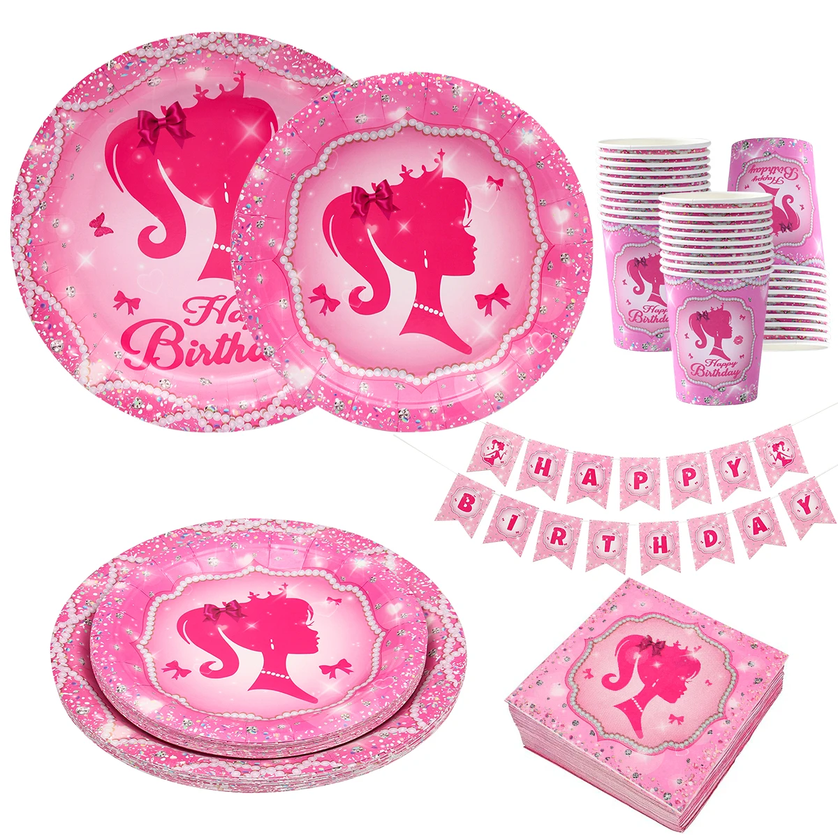 Pink Party Disposable Tableware Happy Birthday Party Decoration Kids Girl Baby Shower Paper Plate Cup Birthday Suppies