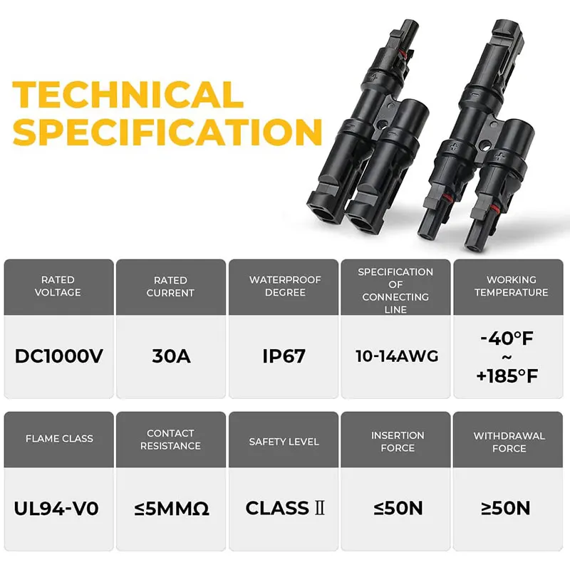 2 in 1 Waterproof Solar Connectors Y Branch Connector for Solar Panel Connection in Parallel Solar Panels FMM+MFF (1 Pairs)