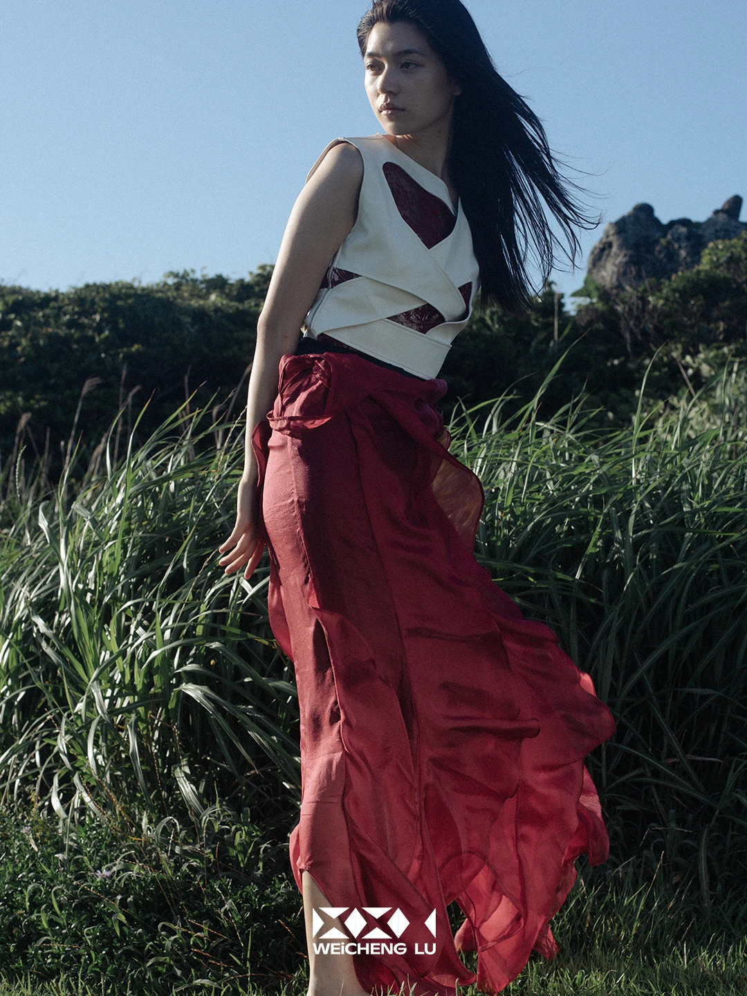 

Red Lace Patchwork Long Vest Deconstructed f Skirt Umbrella Skirt mid Waist Design Cotton 00% Lace Patchwork Fabric