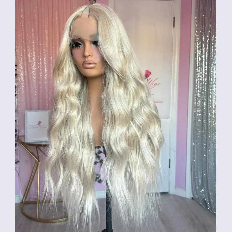 Light Platinum Blonde Water Wavy Remy Human Hair Afro Black Women Full Machine Made V Part Wigs Glueless 1x4 Middle U Part Wigs