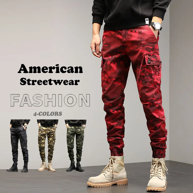 

Men's Streetwear American Cargo Pants Autumn Elastic Camouflage Multi-Pocket Straight Casual Sports Pants Trendy Brand Trousers