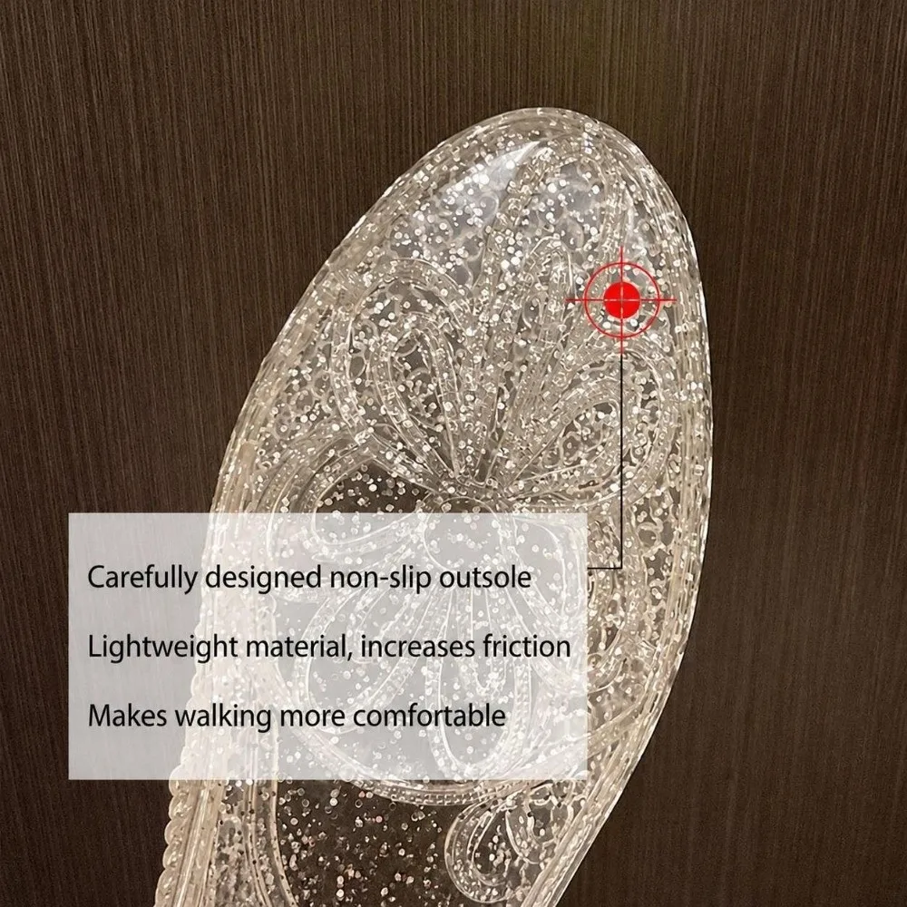 Soft Glitter Inlay Jelly Shoe Breathable Hollow Out Beach Shoe Crystal Look Flat Sole Hollow Shoe Pool Side