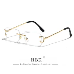 HBK Retro Borderless Sunglasses Women Square Mental Frame Sun Glasses Design Outdoor Party Travel UV400 Glasses Gift Box