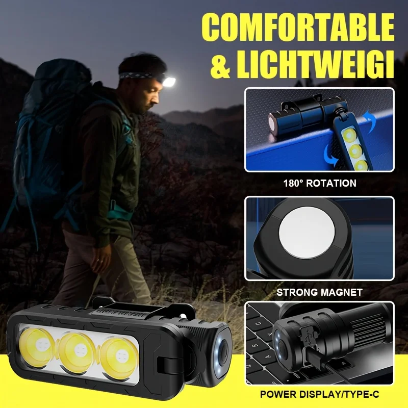 1/2PCS Rechargeable Headlamp Multi-Angle Rotatable with Tail Magnet Work Light Detachable Multi-Function LED Headlight