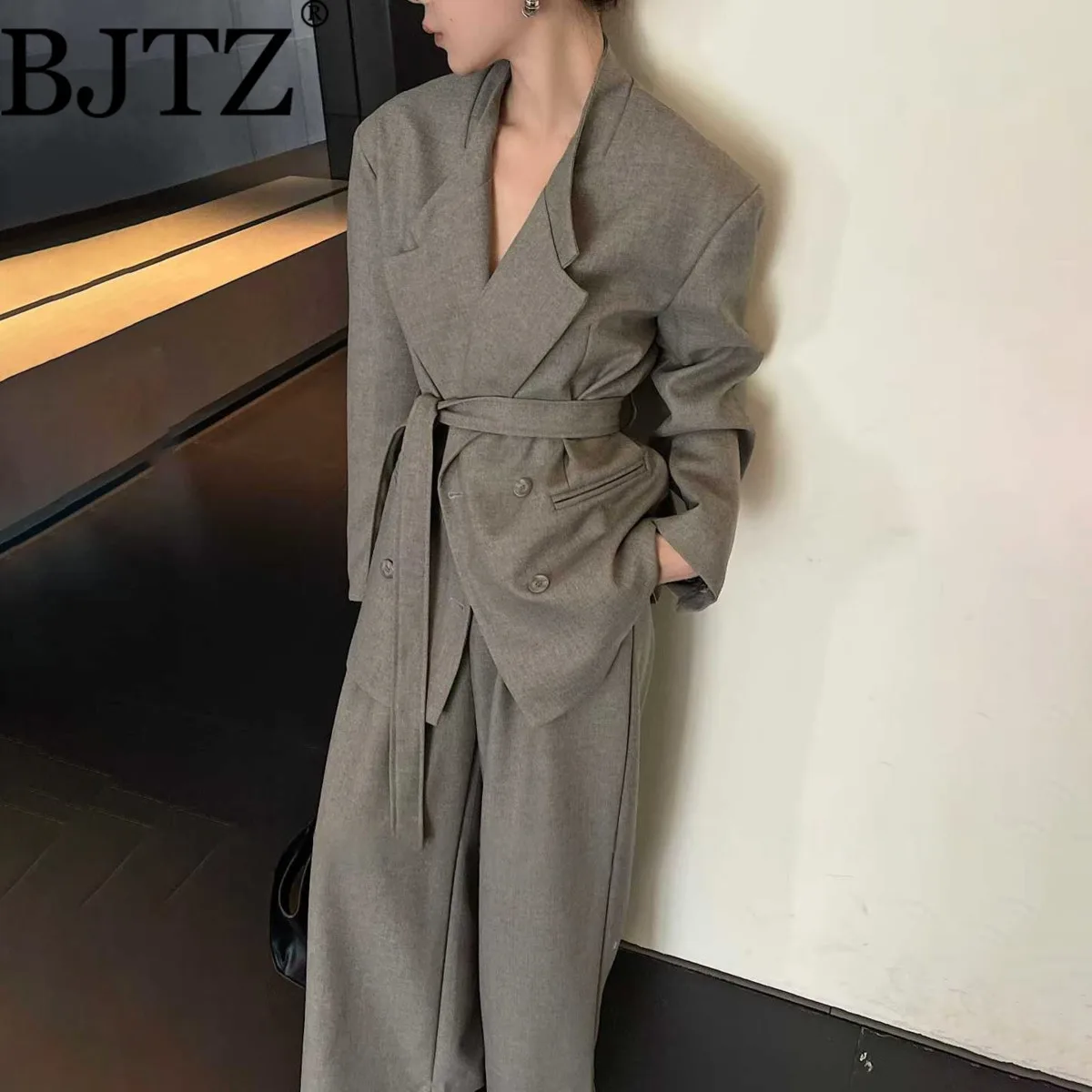 

BJTZ High Quality Notched Collar Belt Tie-waist Blazer Jacket Set For Woman 2025 Autumn Winter New High Waist Wide Leg Pant Set
