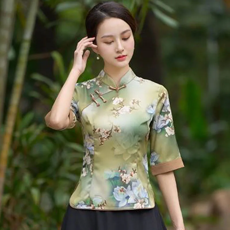 Cheongsam kadın artı boyutu üstleri 2024 yeni moda Polyester kumaş baskılar ekleme standı yaka çin tarzı Qipao gömlek kadın