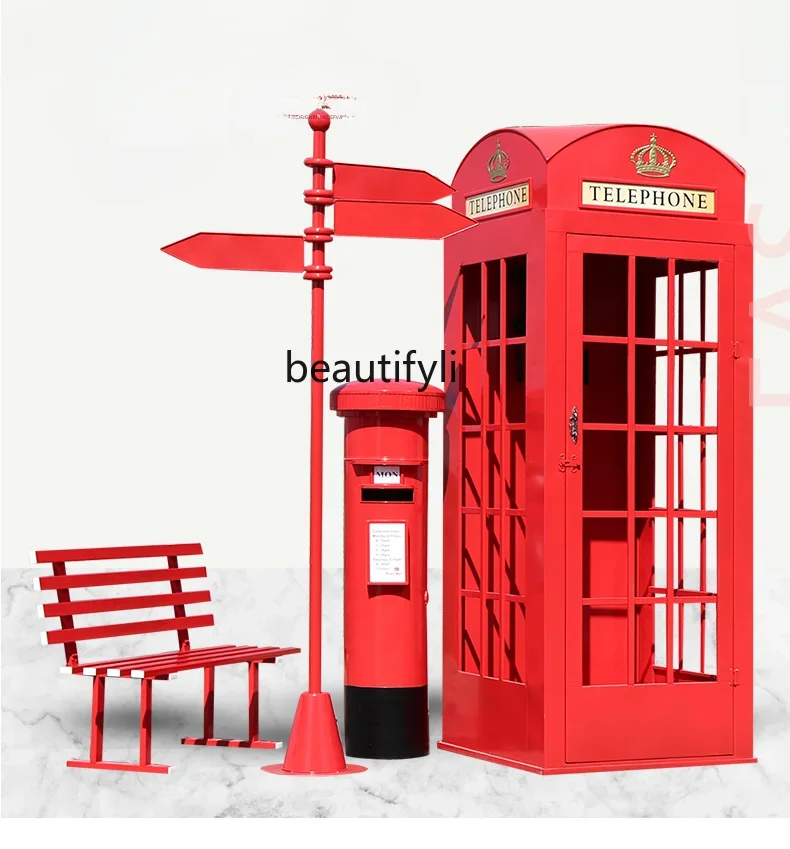 

Retro Iron Art Telephone Booth Post Box Road Sign Bench Shop Decoration Floor Ornaments Photography Props Model