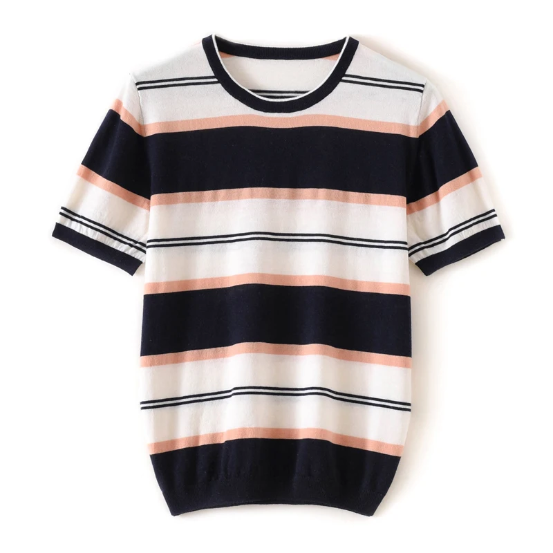 100% Pure Wool Women'S Spring-Summer Thin Striped Knit Top Short-Sleeved Round-Neck Fine Wool Loose-Fitting High-End Feel Top