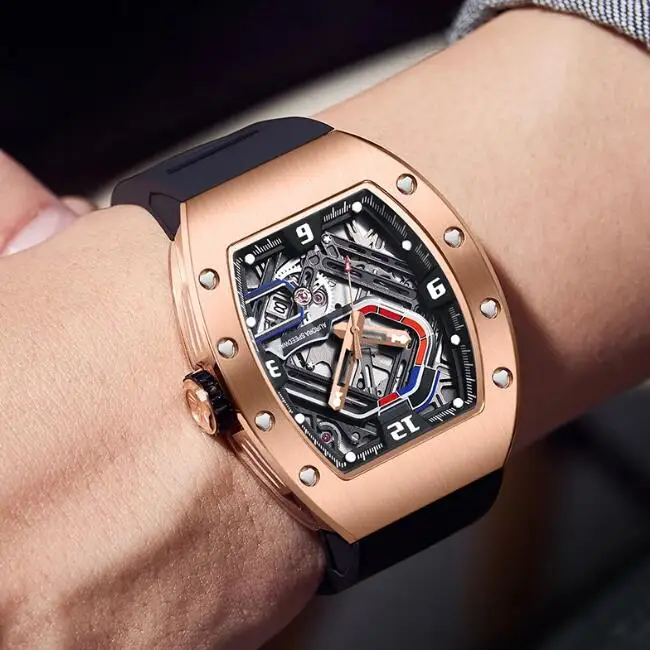 HANBORO Orologio automatico da uomo Orologio da polso meccanico di lusso Cassa tonneau luminosa Quadrante da corsa scavato luminoso impermeabile