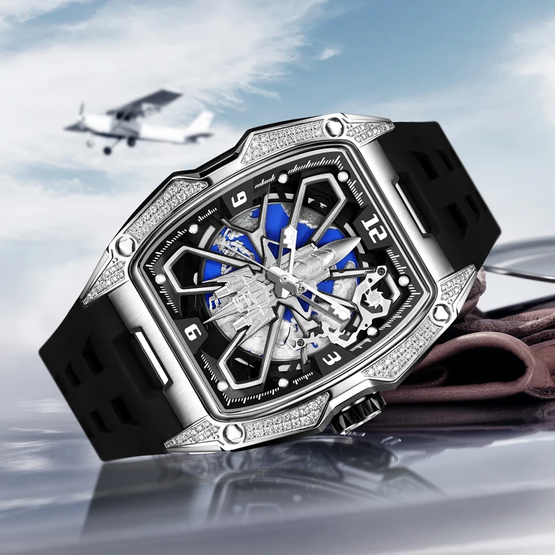 HANBORO-Reloj Automático para hombre, pulsera mecánica de lujo, caja Tonneau luminosa, resistente al agua hasta 50M, Fondo de planeta que puede rotar, 52mm