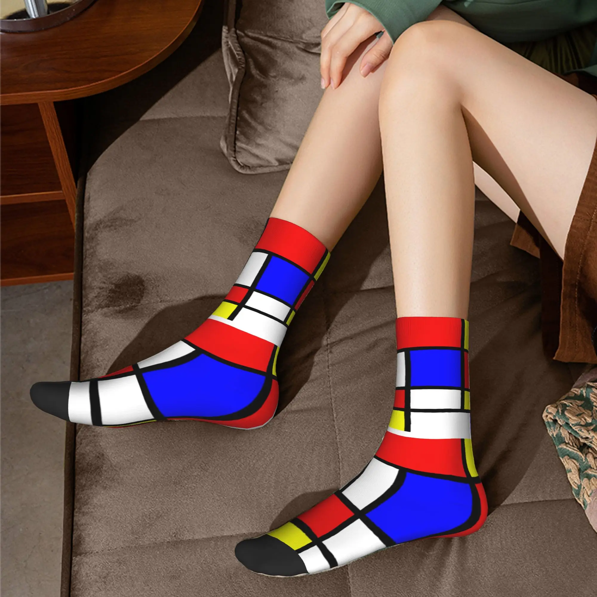Custom Novelty Printed Mondrian Red Yellow Blue Abstract Socks for Men Women Stretch Autumn Winter Geometric Modern Crew Socks