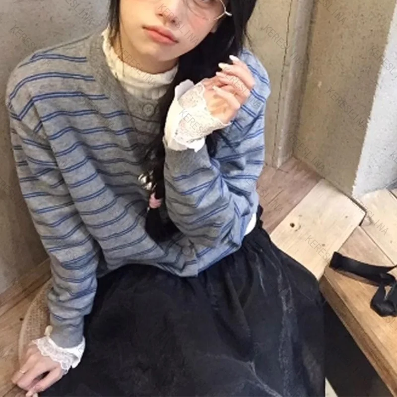 الخريف والشتاء أنيقة حلوة كلاسيكية مخطط زر سترة محبوكة أعلى الأمريكية مريحة تنوعا سترة محبوكة ايمو