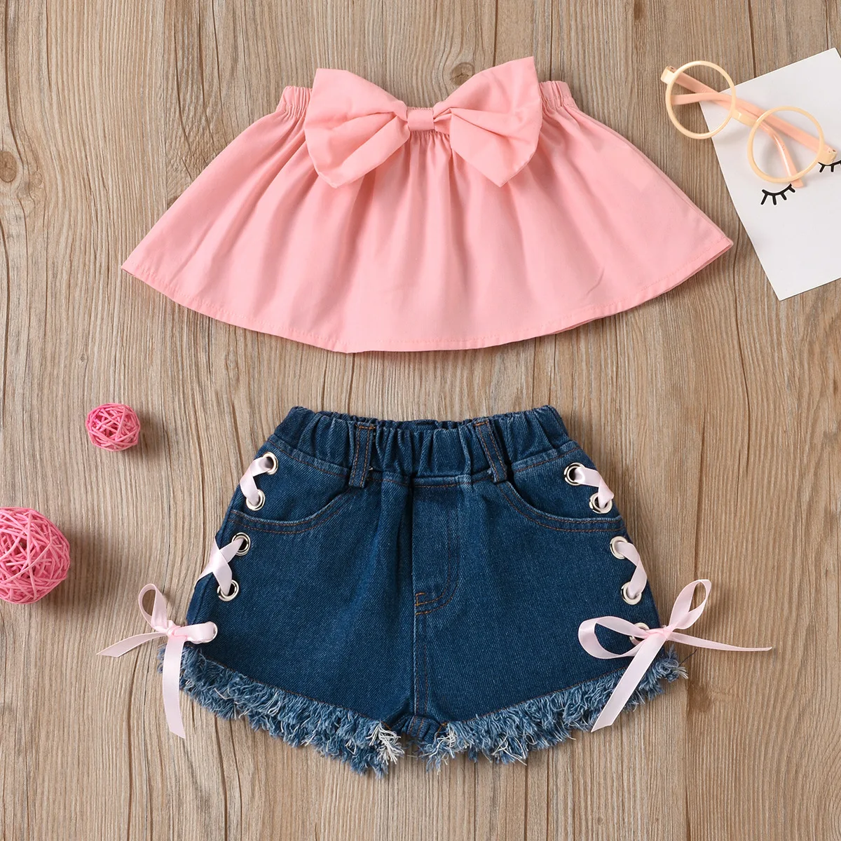 New Children Clothing European and American Girls Solid Bow Strapless Top Denim Shorts Two-piece Set