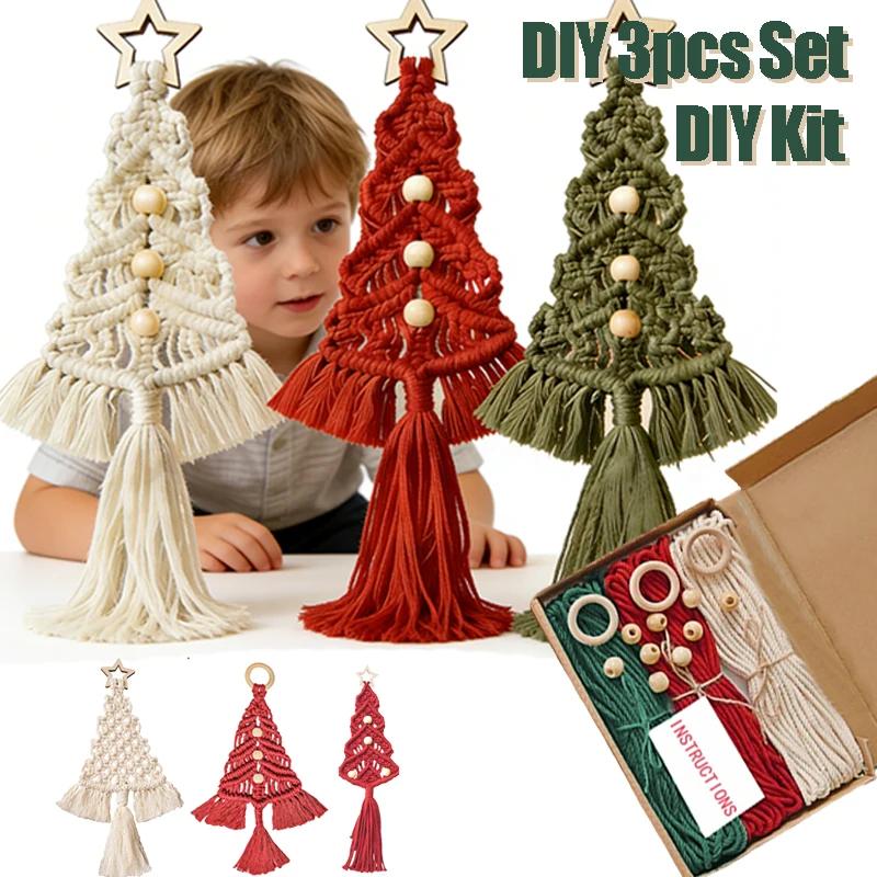 3PCS Crochet Set Kit Christmas Ornaments 2025 Hobby Diy Kit Macrame Christmas Tree Decorations Supplies Gift Weave Knitting Kit