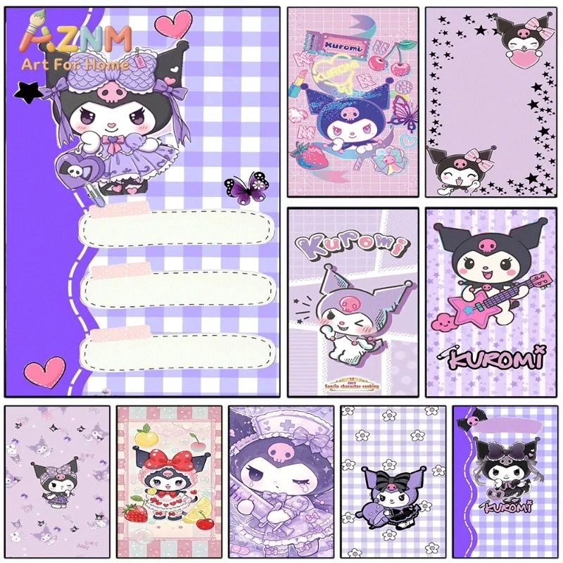 Sanrio Kuromi Purple Checkered Canvas Wall Art No Frame Cute Dark Devil Girl Cartoon Poster Sweet Gothic Print Kids Room Wall