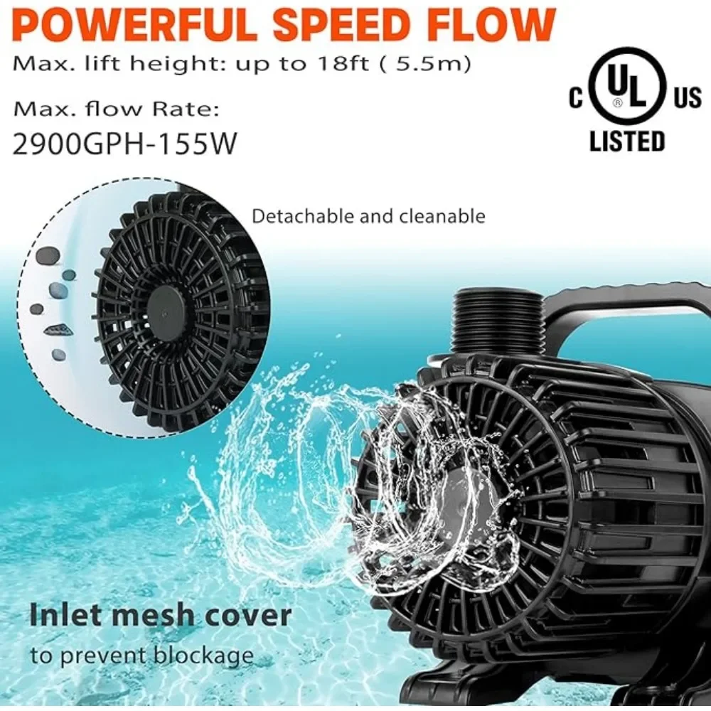 Pond Filtration Equipment (2900GPH-155W) durable High Flow Submersible Water Pond Submersible Water Fountain Aquarium Pump