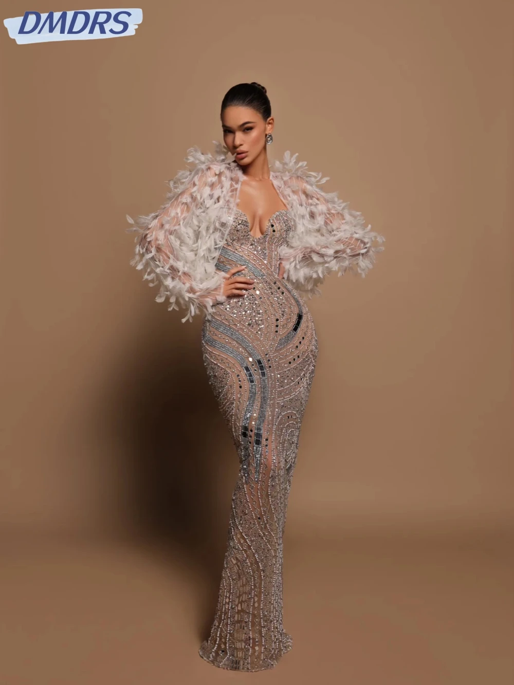 

Sparkly Mirror Beads Evening Dress With Jacket Sexy Illusion Sheath Long Wedding Party Gown Customized Luxurious Prom Dresses