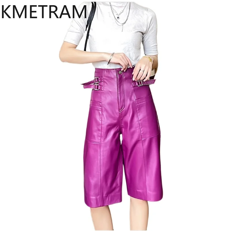 KMETRAM 100% Top Layer of Sheepskin Women Pants 2025 Autumn Genuine Leather Straight Knee-length Shorts Woman Clothes штаны