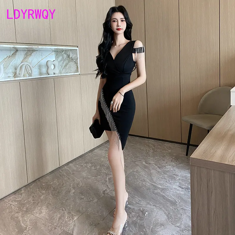 Nightclub deep V sexy dress uniform summer chain tassel slim night nightclub temptation