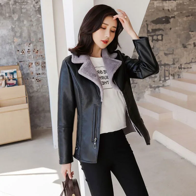 ฤดูหนาวใหม่ PU หนังแจ็คเก็ตผู้หญิงสั้น Blazers Coat ขนแกะ Double-faced ขนสัตว์หนัง Outerwear Lady Slim เสื้อแจ็คเก็ต