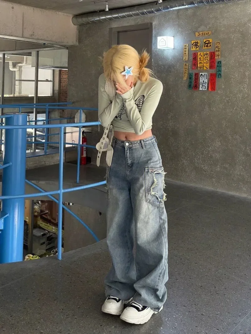 Y2K Emo Women Streetwear Oversized Star Pattern Straight Trousers Baggy Jeans Fairy Grunge Hip Hop Denim Pants Korean Clothes