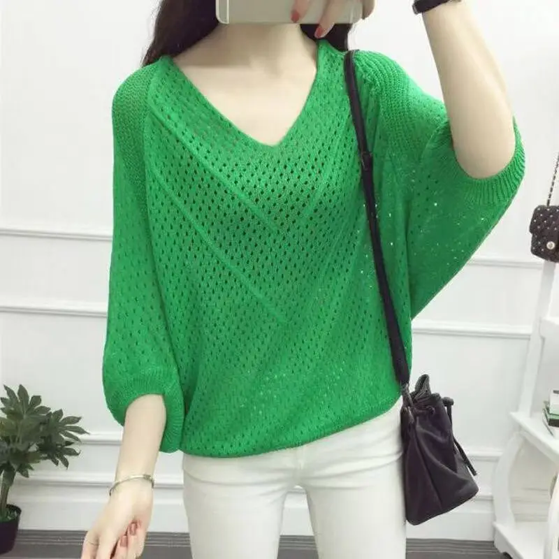 

Women's hollow-out shirt Korean style loose top versatile batwing knit tops women's sweater trendy top