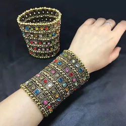 Classic Fashion Elastic Wide Bracelets Retro Punk Exaggerated Five Row Crystal Retractable Woven Beaded hand decoration