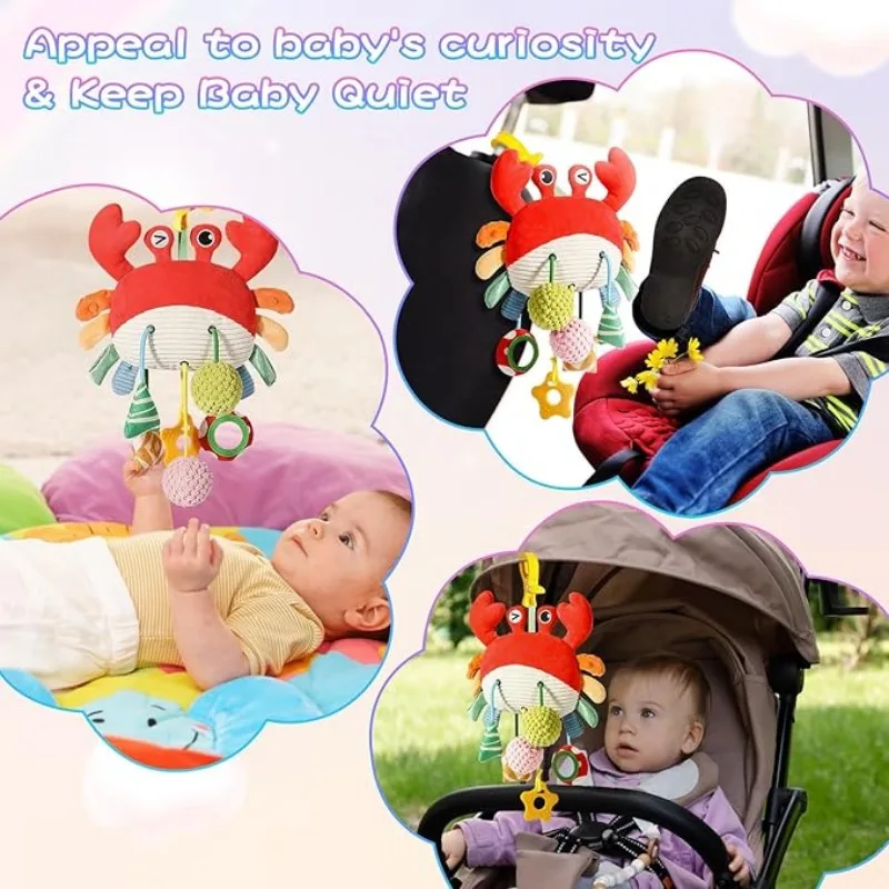 Baby Car Seat Stroller Plush Hanging Rattle Toys Newborn Crib Bed Around Toy Crab Animal with Teether Rattle Sound Mirror Clip