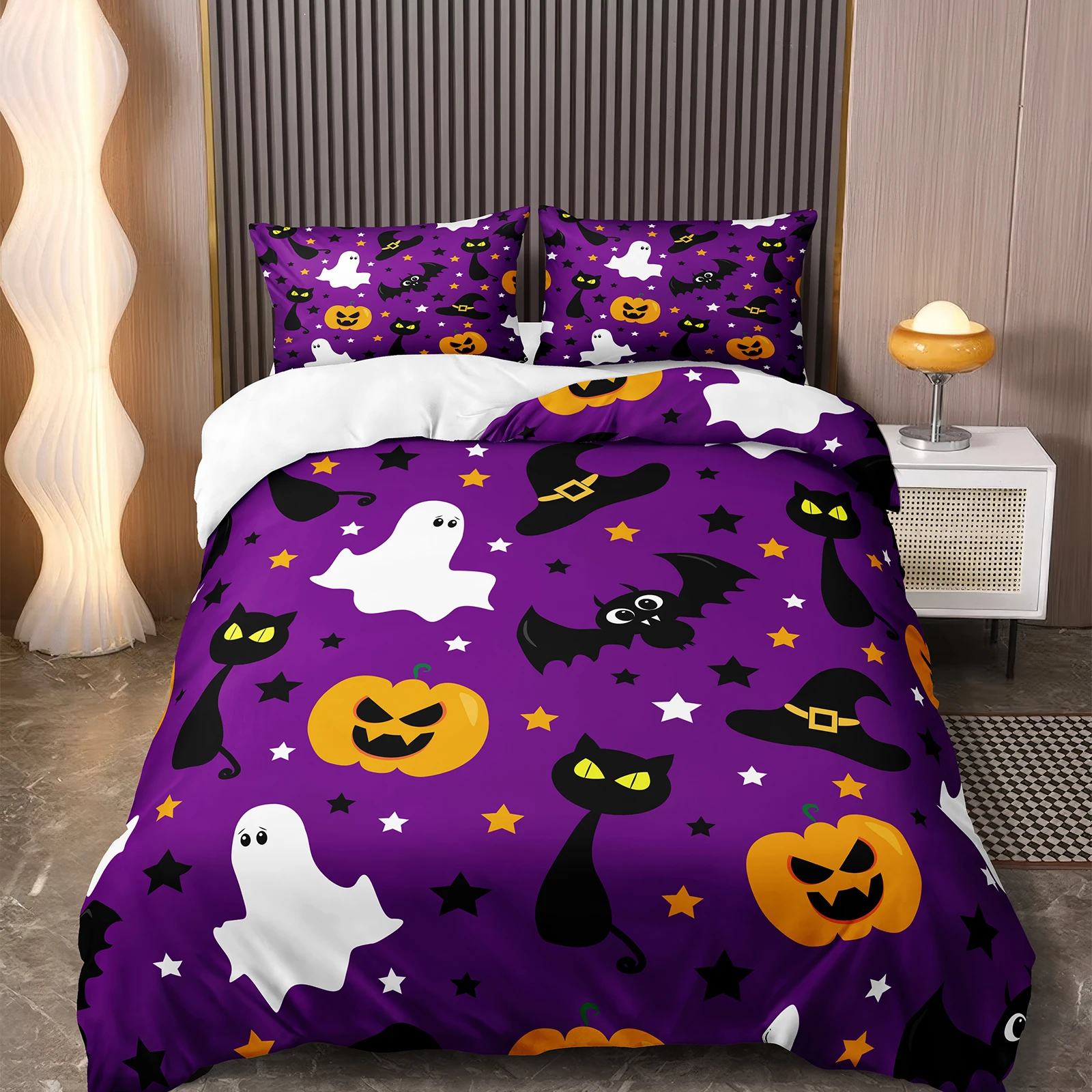 Purple Halloween Black Cat Star Pumpkin Design Halloween Decor Boys Girls Kids Comforter Cover Set Cute Bedding