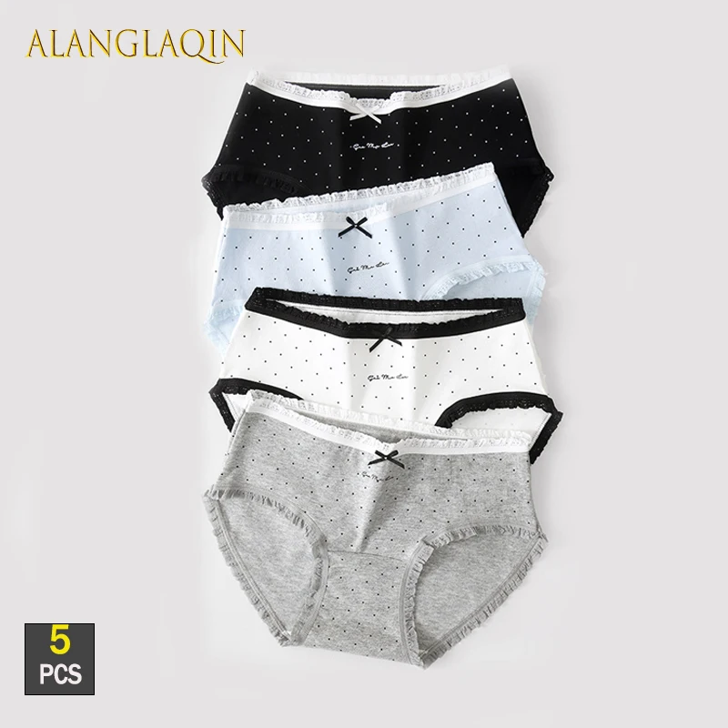 

5 шт./компл., нижнее белье, женские хлопковые трусики со средней талией и кружевом с бантом, удобные трусы для девочек, дышащие трусики, женское сексуальное женское белье
