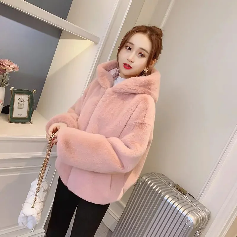 Imitation Rabbit Mink Plush Jacket Ladies Short High Quality Fur Coat Women 2024 New Autumn Winter Thick Outwear Hooded Overcoat